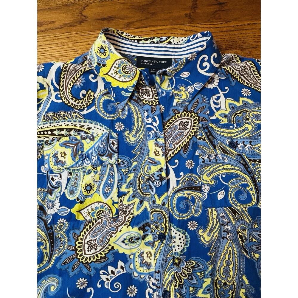 Jones New York Women’s Navy/Yellow Paisley Long Sleeve Top Large Button Up